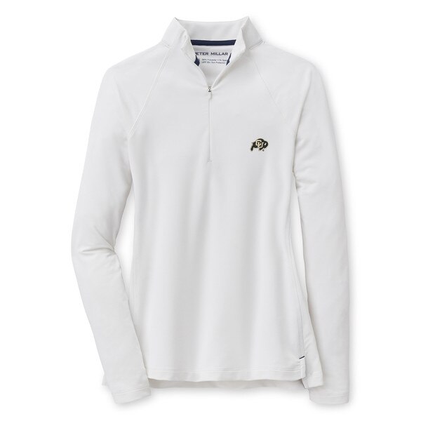A white half zip collared jacket with a c-u buffalo logo on the left chest.
