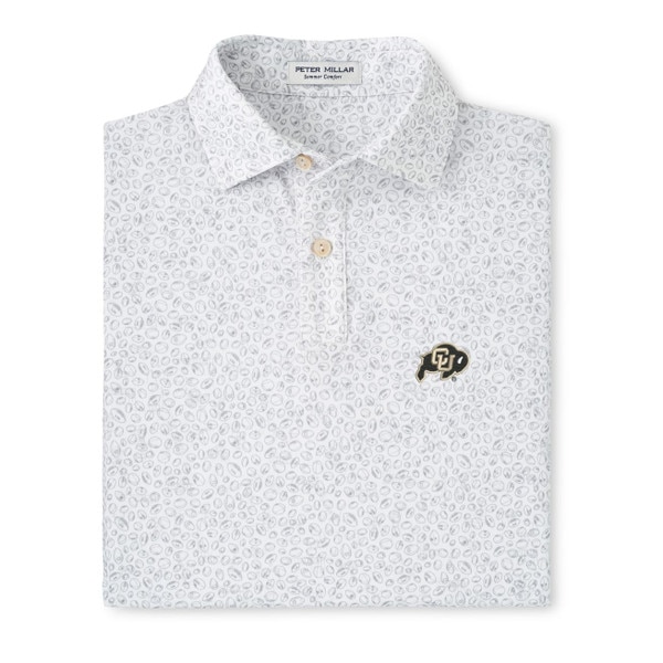 A white collared shirt with a gray football pattern and the iconic CU Buffalo logo embroidered in black and gold on the left chest. Features 2 buttons at the top.