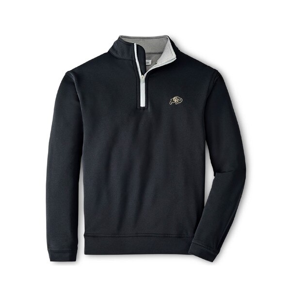 A black youth Peter Millar perth performance quarter zip pullover with C.U buffalo logo on left chest.