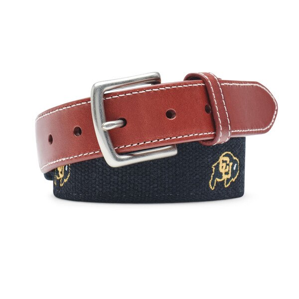 This is a black belt with repeating C.U. buffalo logos along the length of the belt. The leather detailing with the buckle is full grain. The buckle is silver solid brass.