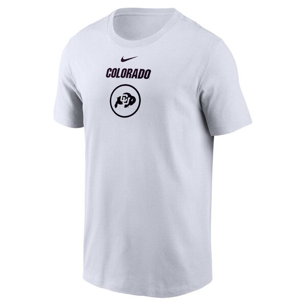 Front view of white Colorado Nike t-shirt with CU Buffaloes logo in black circle and arched text