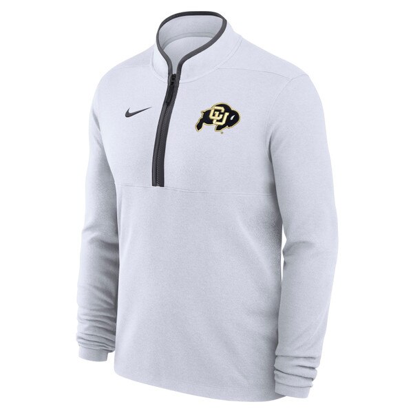 White quarter zip jacket with CU buffalo logo on the left chest and the nike logo on the right chest with a gray accent around the zipper and the collar.