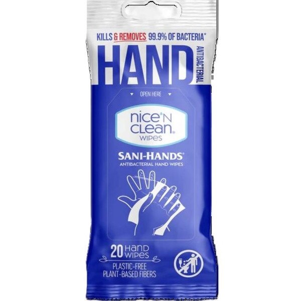 A blue and white container of hand wipes that includes twenty antibacterial wipes.