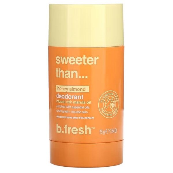 An orange plastic twist top deodorant that is honey almond scented. The deodorant is natural and has "skin loving" ingredients.