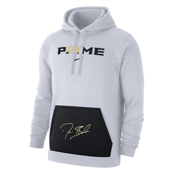White Nike Coach Prime hoodie with black front pocket and signature, featuring PRIME graphic on chest