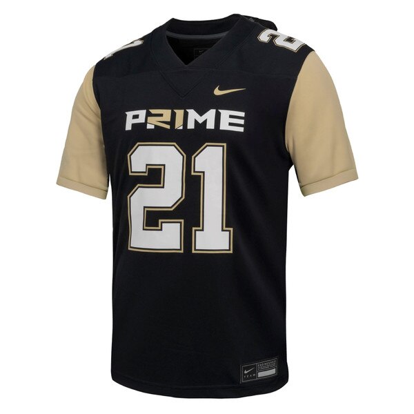Black Colorado Buffaloes football jersey with PRIME text and number 21, gold sleeves, and Nike logo"