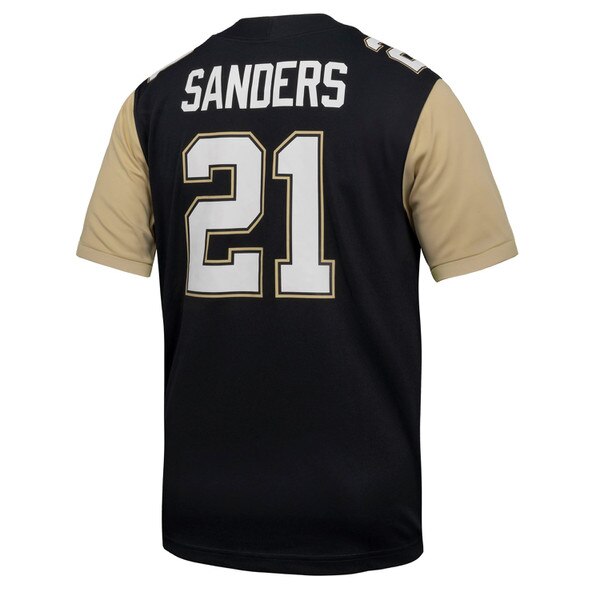 Back view of black Colorado Buffaloes football jersey with gold sleeves, number 21, and SANDERS name"