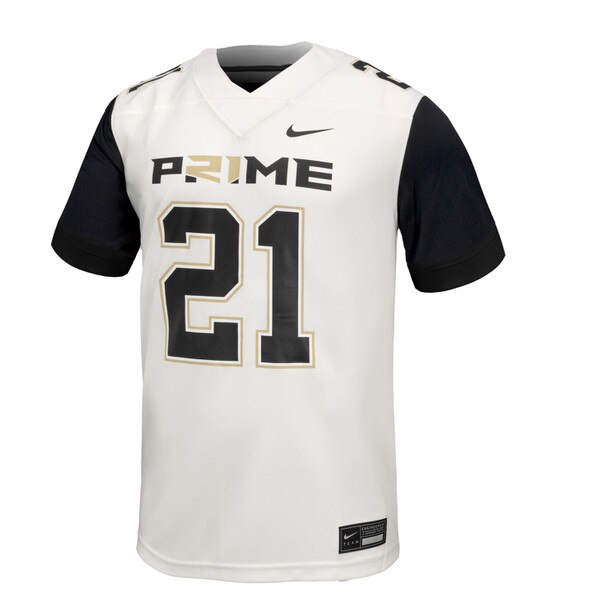 A white Nike Coach Prime football jersey with 21 on front and both shoulders, as well as black sleeves, and "Prime" across chest