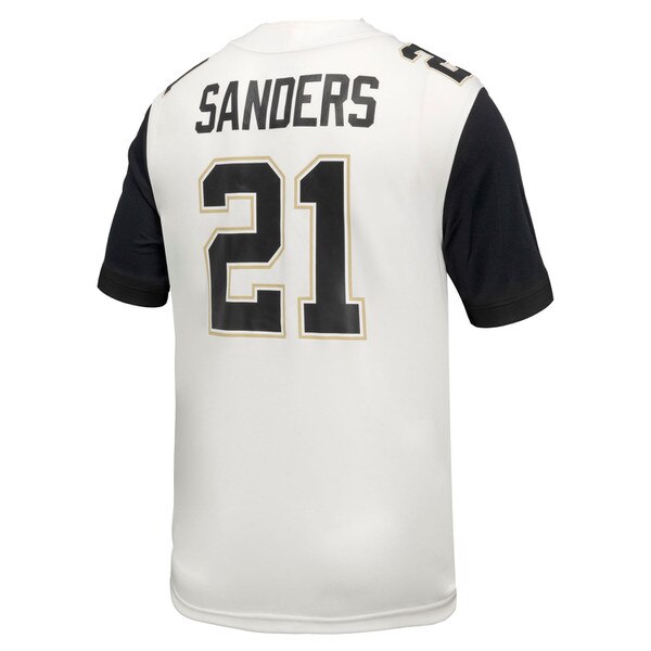 Back view of white Colorado Buffaloes football jersey with black sleeves, number 21, and SANDERS name