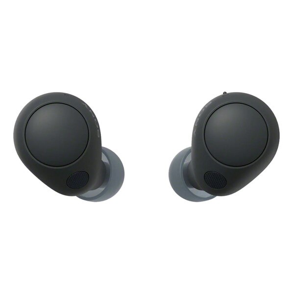 A close up of the black earbuds.