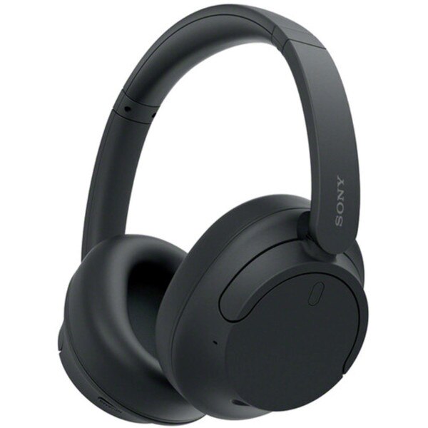 Black Sony Noise canceling headphones with a sleek design. The headphones have cushiony ear pieces.