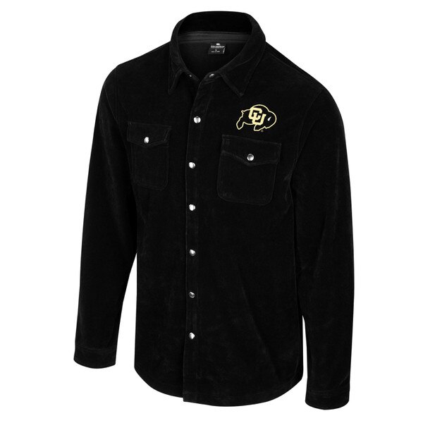 A black Colosseum corduroy snap up jacket with C.U buffalo logo and two chest pockets.