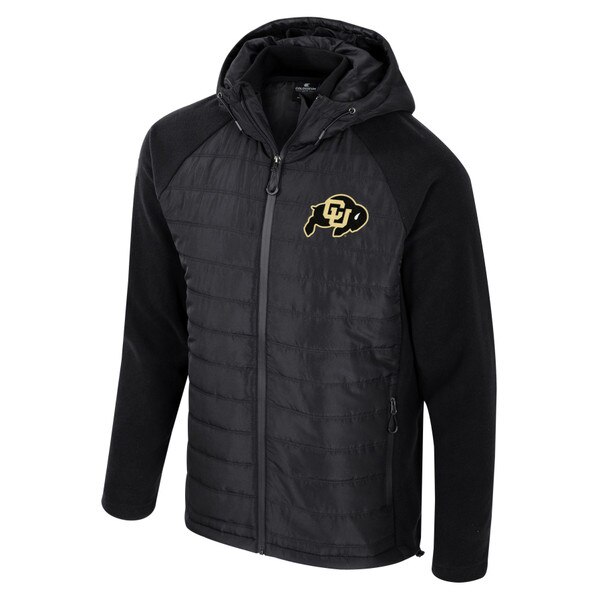 Front of Black jacket with drawstring hood and full zipper, with two front zipper pockets and puffed design on torso and CU buffalo logo on left upper chest.