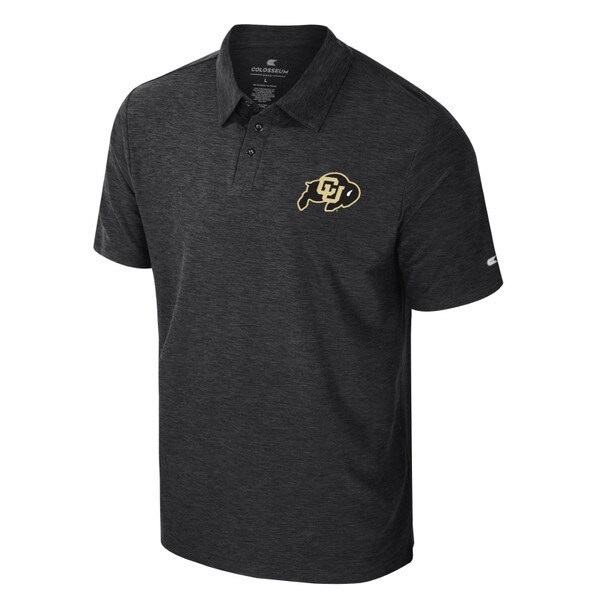 A black heathered polo with a collar and three buttons at the top. Also features the CU Buffalo logo on the left chest in black and gold.