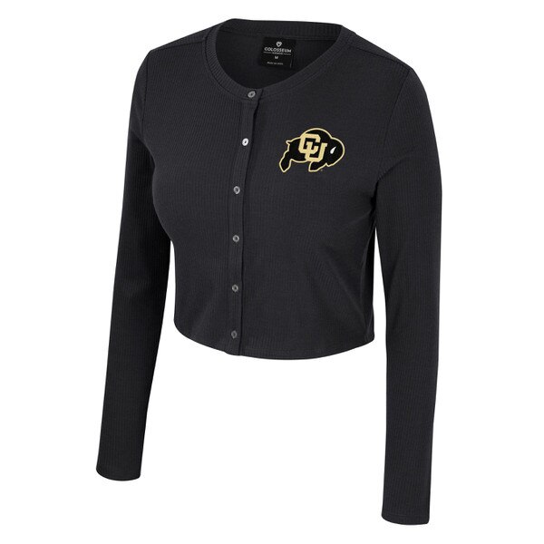 This is a black, cropped, button down cardigan. The buttons are a pearly white color. There's a black and gold C.U. buffalo logo on the left chest.