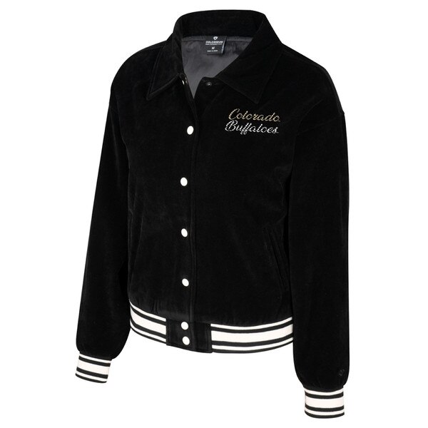 A black Colosseum corduroy snap up jacket with striped sleeve cuffs and "Colorado Buffaloes" in cursive on left chest