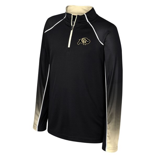 A black Colosseum youth quarter zip with striped gold ombre sleeves and C.U buffalo logo.