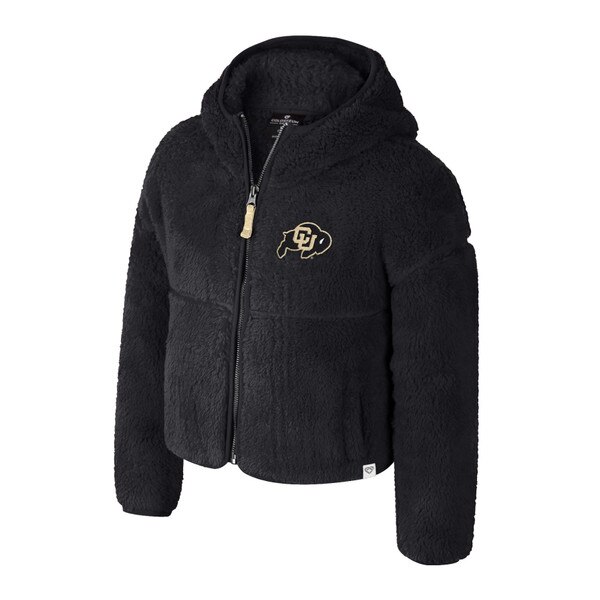 This is a black jacket. The zipper pull is gold. The zipper itself is silvery in color. The C.U. buffalo logo is black and gold.