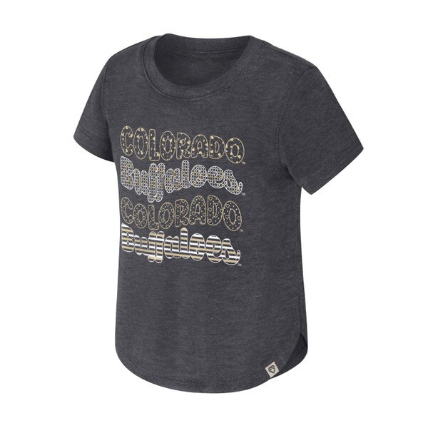 This is a dark gray shirt with a loose fit. the front has Colorado Buffaloes written on it in with each word having a different fun pattern. The patterning is white and gold over black.