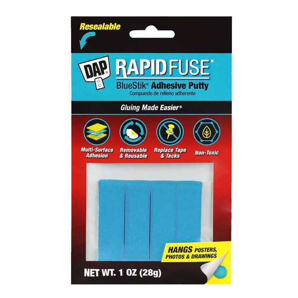 This is a one ounce pack of Blue adhesive putty. The package is resealable via a sandwich bag mechanism.