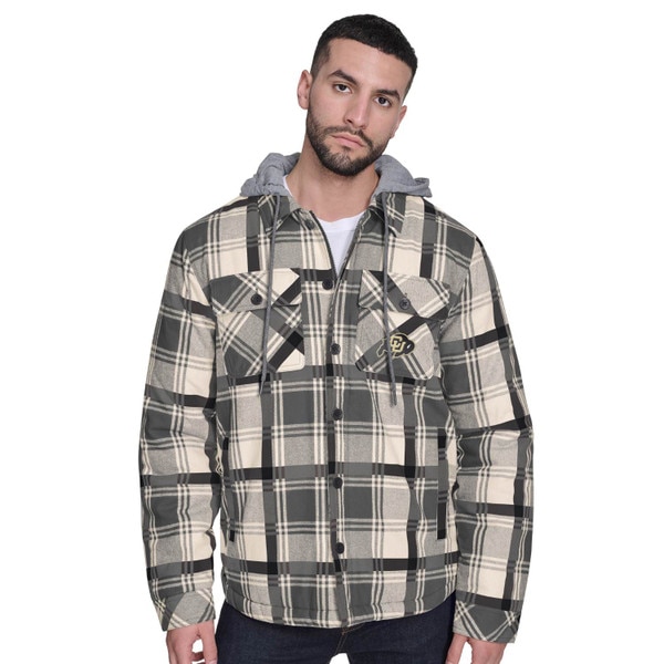 A black, gray, and gold plaid men's GIII jacket with C.U buffalo logo, 2 chest and hand pockets, and adjustable hood.