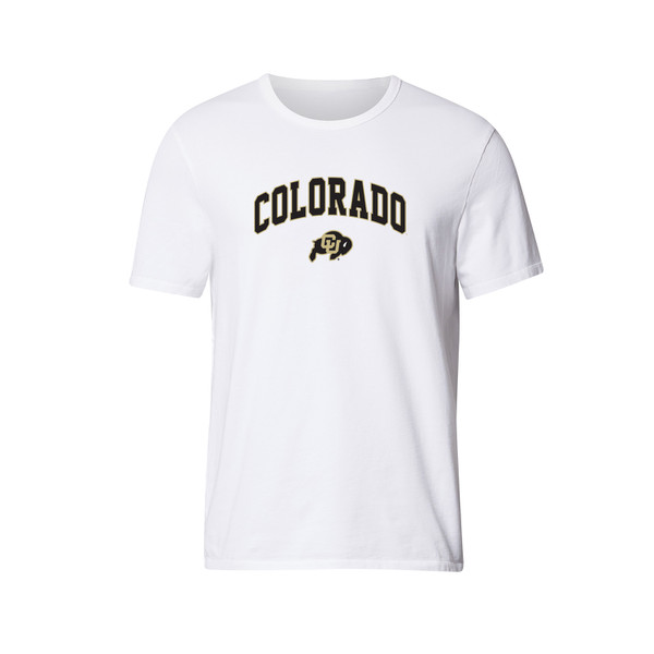 A white lululemon T-shirt with "Colorado" in black block letters across the chest and the CU Buffaloes logo centered underneath it.
