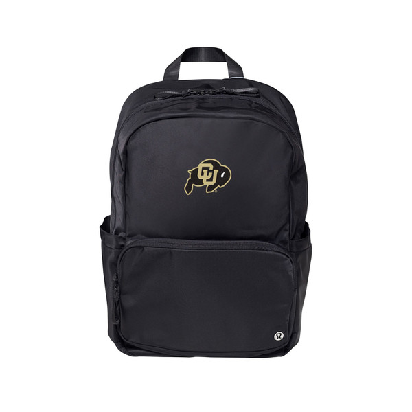 A black lululemon backpack with the CU buffalo logo on the front as well as a small pocket and two side pockets.