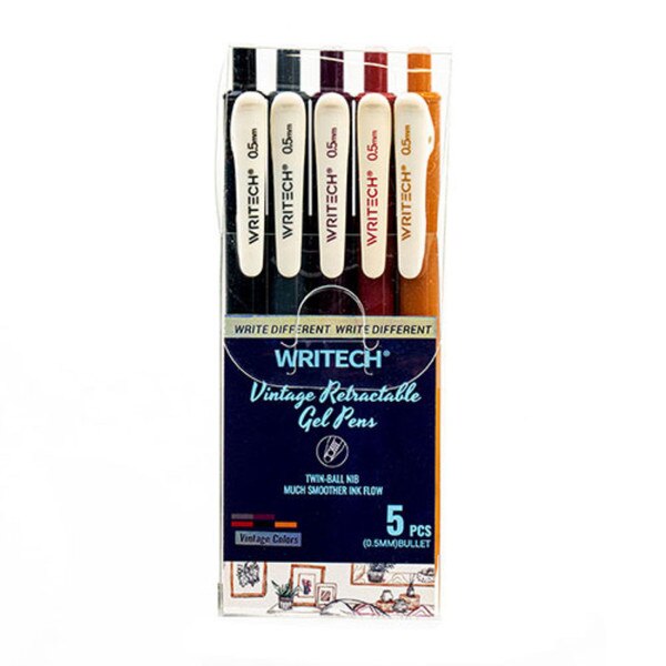 A four pack of gel pens in the colors black, grey, violet purple, maroon, and dark mustard yellow.
