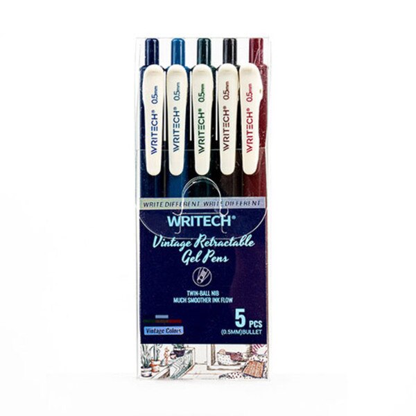 A four pack of gel pens in the colors maroon, brown, dark green, a darker slate blue, and indigo.