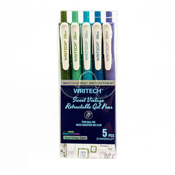 A four pack of gel pens in the colors green, lighter green slash teal, a light blue, a slate blue, and purple.