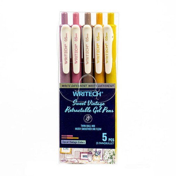 A four pack of gel pens in the colors mustard yellow, light brown, pink, lilac, and a green-yellow.