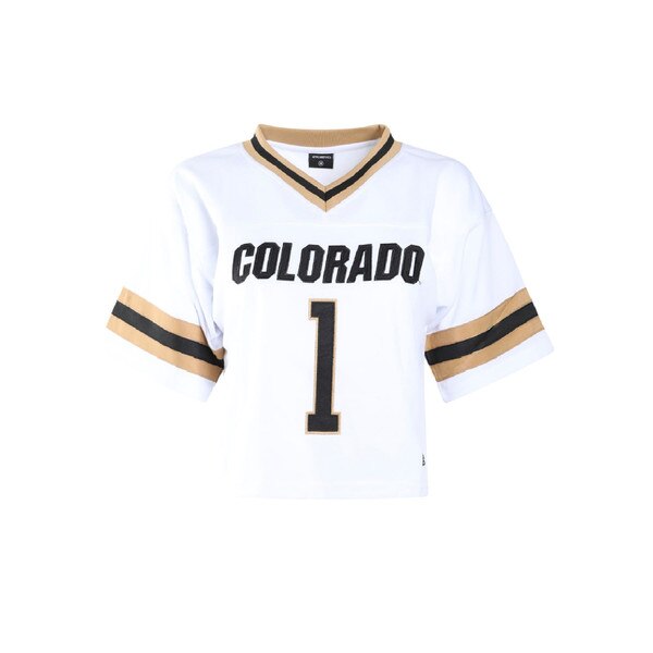 Front view of white cropped jersey with black and gold stripes and Colorado number 1 design