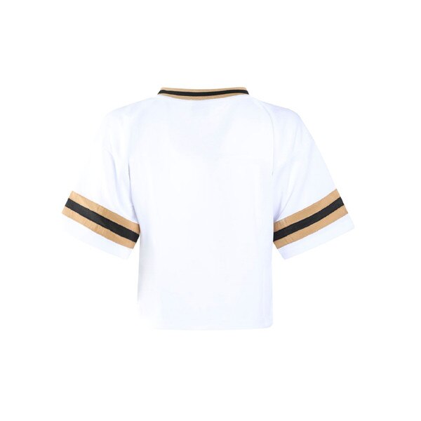 Back view of white cropped jersey with black and gold sleeve stripes