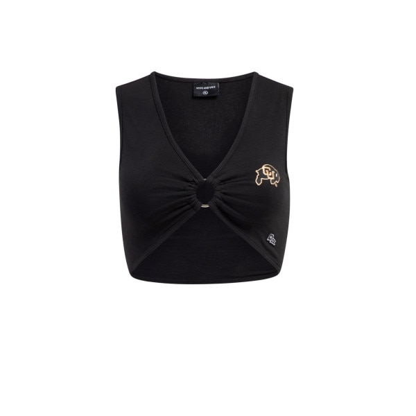This is a black v neck cropped top. The closure is a ring that holds the sides together. There is a black and gold C.U. buffalo logo on the left chest.