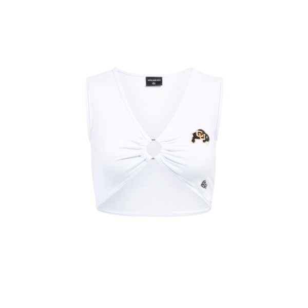This is a white v neck cropped top. The closure is a ring that holds the sides together. There is a black and gold C.U. buffalo logo on the left chest.