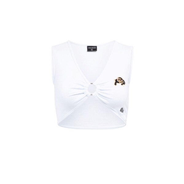 This is a white v neck cropped top. The closure is a ring that holds the sides together. There is a black and gold C.U. buffalo logo on the left chest.