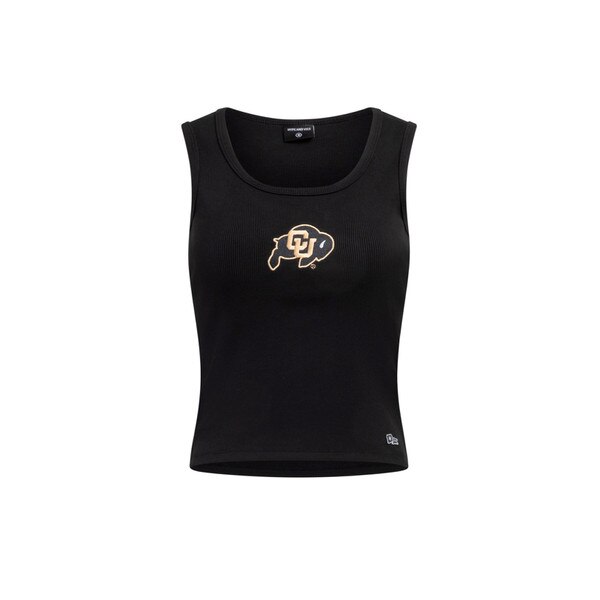 This is a full-length black tank top with a high back. There is a CU Buffalo logo embroidered on the front.