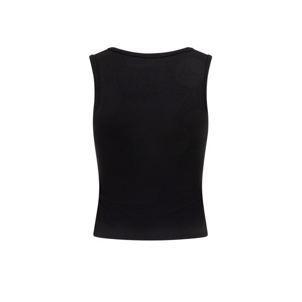 This is the back of the tank top, it has a high cut toward the neck and is plain black.