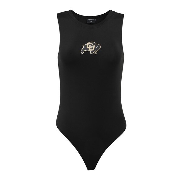 This is a black bodysuit with a black and gold C.U. Buffalo printed on the center chest.