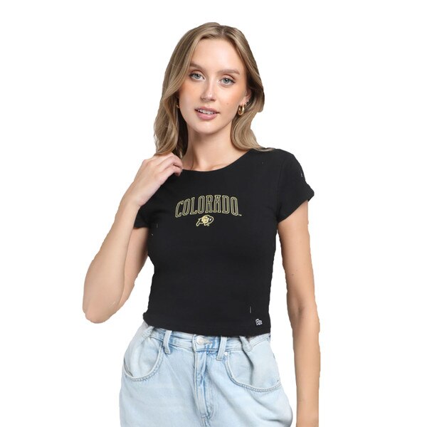 This is a black short sleeve top. The neckline is a high scoop neck. "Colorado" is arched in the front middle over a black and gold cu buffalo logo.