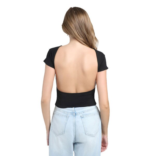 This is the back of the shirt. It exhibits a low cut back that curves at the bottom.