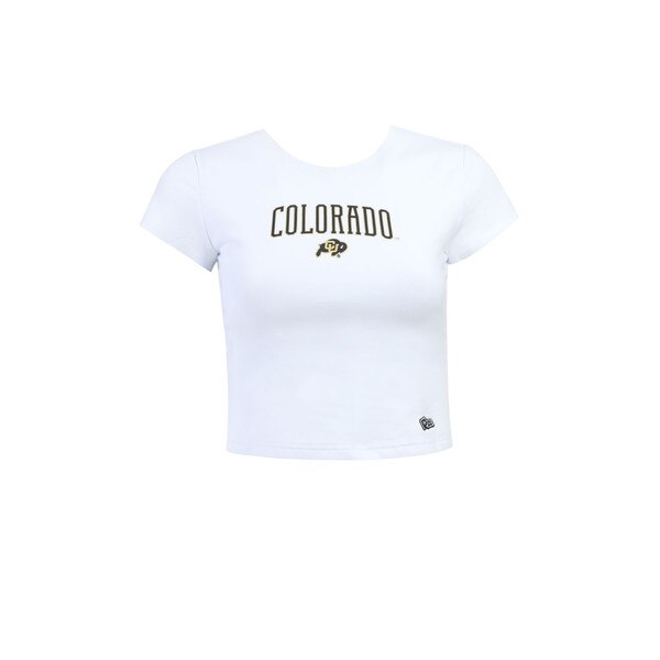 This is a white short sleeve top. The neckline is a scoop neck. "Colorado" is arched in the front middle over a black and gold cu buffalo logo.