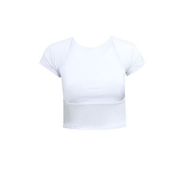 This is the back of the shirt. It exhibits a low cut back that curves at the bottom.