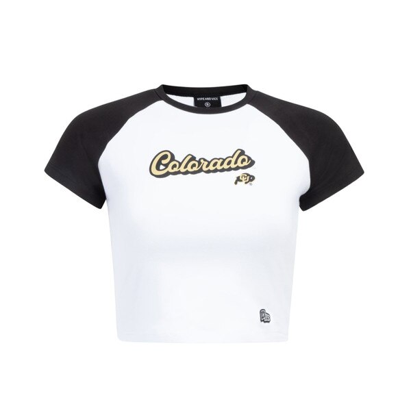 A t-shirt with black sleeves and a white torso. Features "Colorado" and the iconic CU Buffalo logo across the chest in black and Vegas gold.
