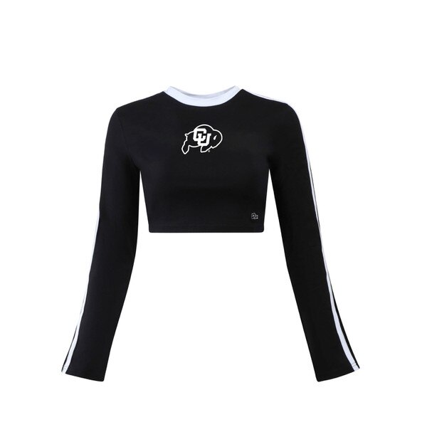 A black crop top with a black and white CU Buffalo logo on the center chest. There is two white strips that go from the white collar down the top of each arm.