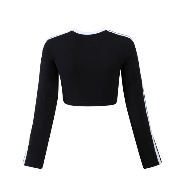 The back of a black crop top. There is two white strips that go from the white collar down the top of each arm.