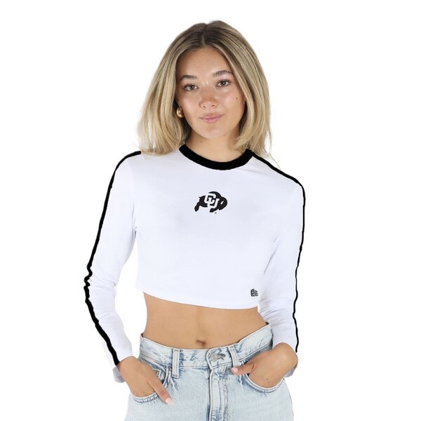 A white crop top with a black and white CU Buffalo logo on the center chest. There is two black strips that go from the black collar down the top of each arm.