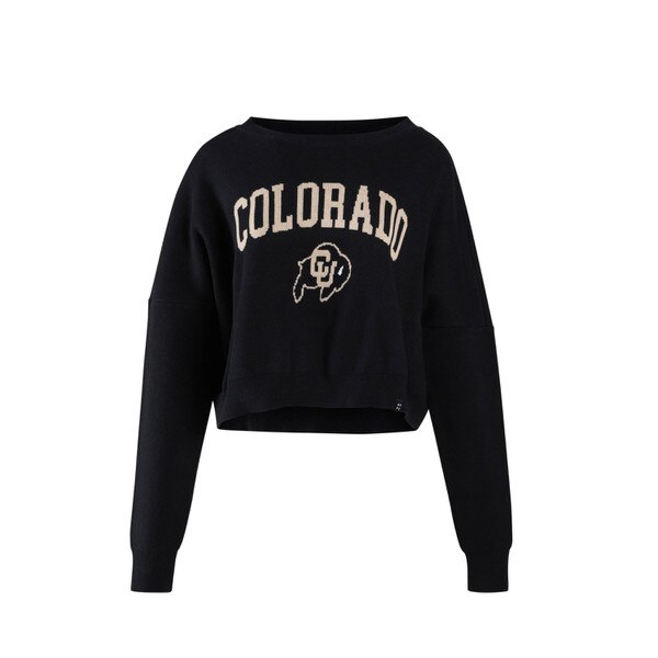 This is a black sweater. The text and C.U. buffalo logo are both muted gold. The text is in bold block font. The sweater is cropped.
