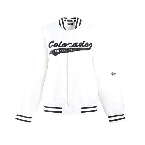 A white bomber jacket with "Colorado" embroidered in black cursive and "Buffaloes" underneath that. The bottoms, ends of sleeves, and neckline of the jacket and black and white striped.