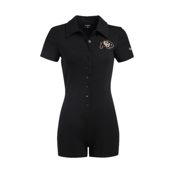 The front of the romper which is ribbed and has an embroidered C.U. Buffalo logo on the left chest. The romper is also collared.